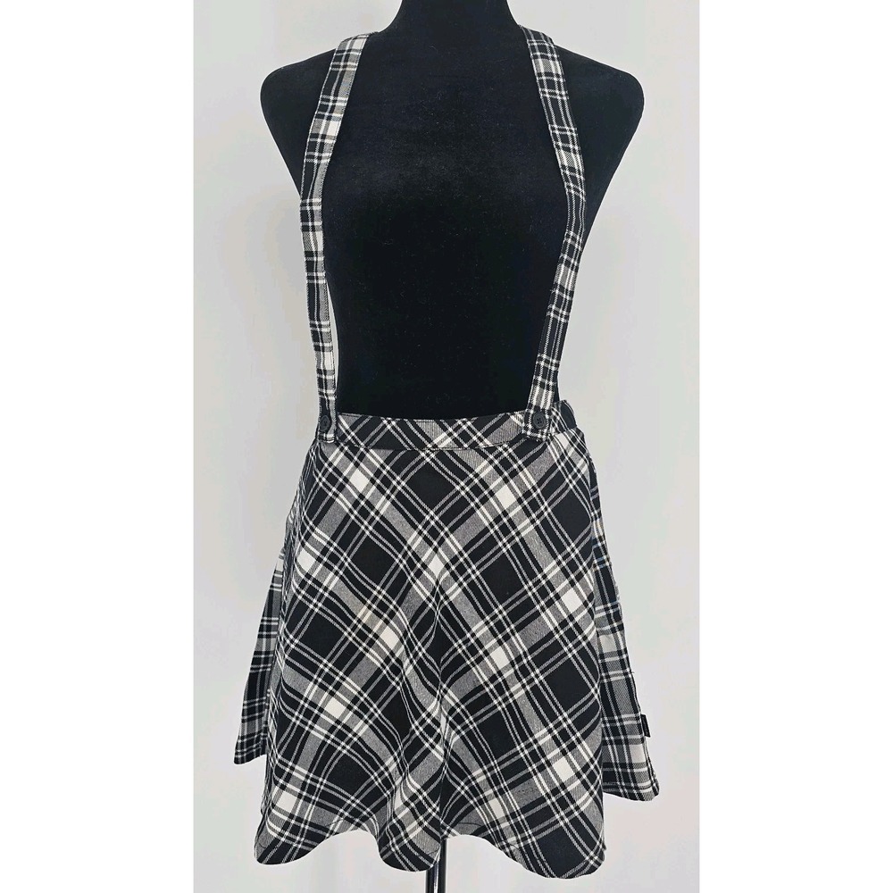 Vintage Tripp‎ NYC Suspender Skirt Medium  Black Plaid White Print Gothic Grunge